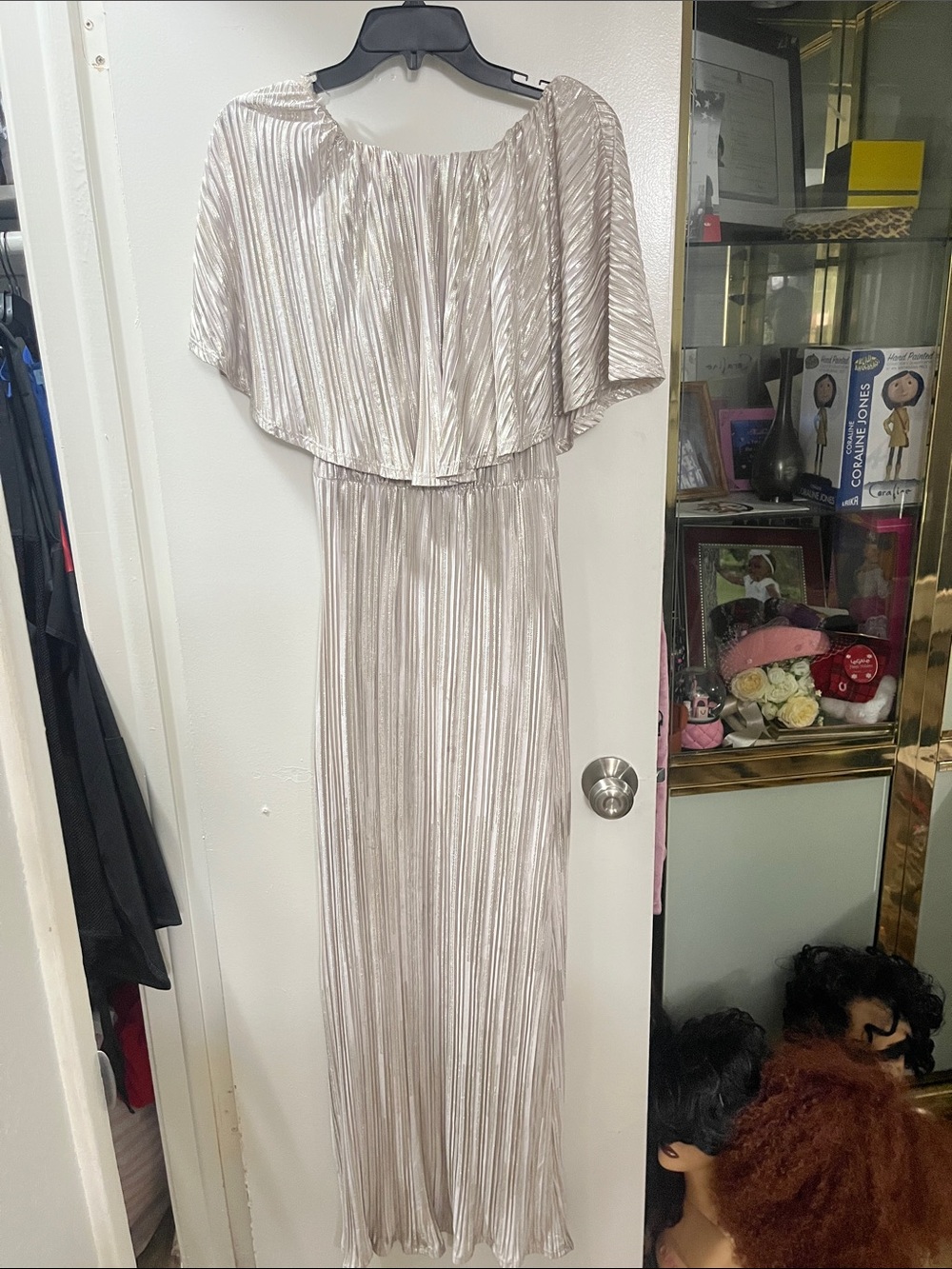 Elegant Metallic Silver Maxi Dress with Overlay